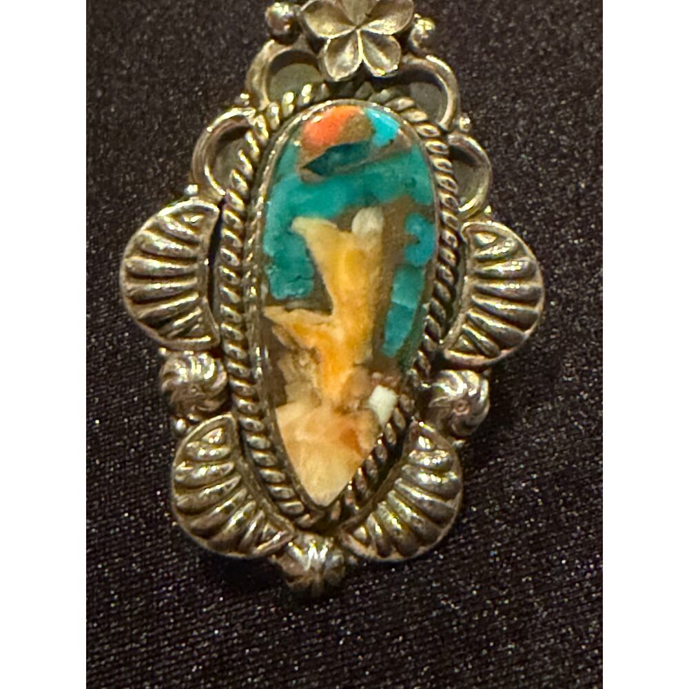 Sterling 925 Native American style ring fusing spiny oyster shell and turquoise